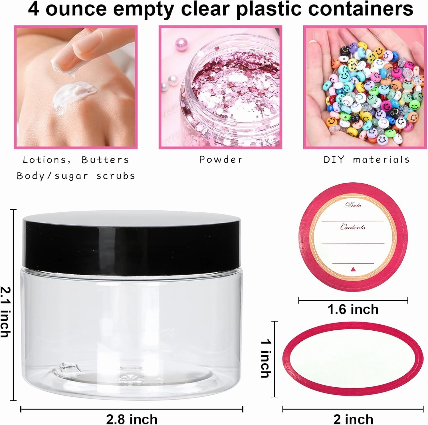 54 Pack 4oz Plastic Containers with Lids, Plastic Jars with lids, Jars with Lids for Makeup, Body Butter,Cream, Ointments, Travel Storage,Honey Jam, Cream, Butter, Lotion
