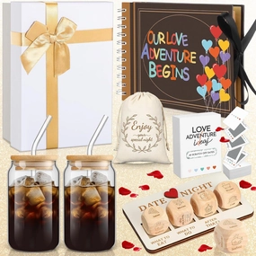 54 Pcs Date Night Adventure Gift Box for Couple Girlfriend Boyfriend Scratch Off Date Night Dice Cards Adventure Book Glasses for Wedding Birthday Anniversary Bridal Shower