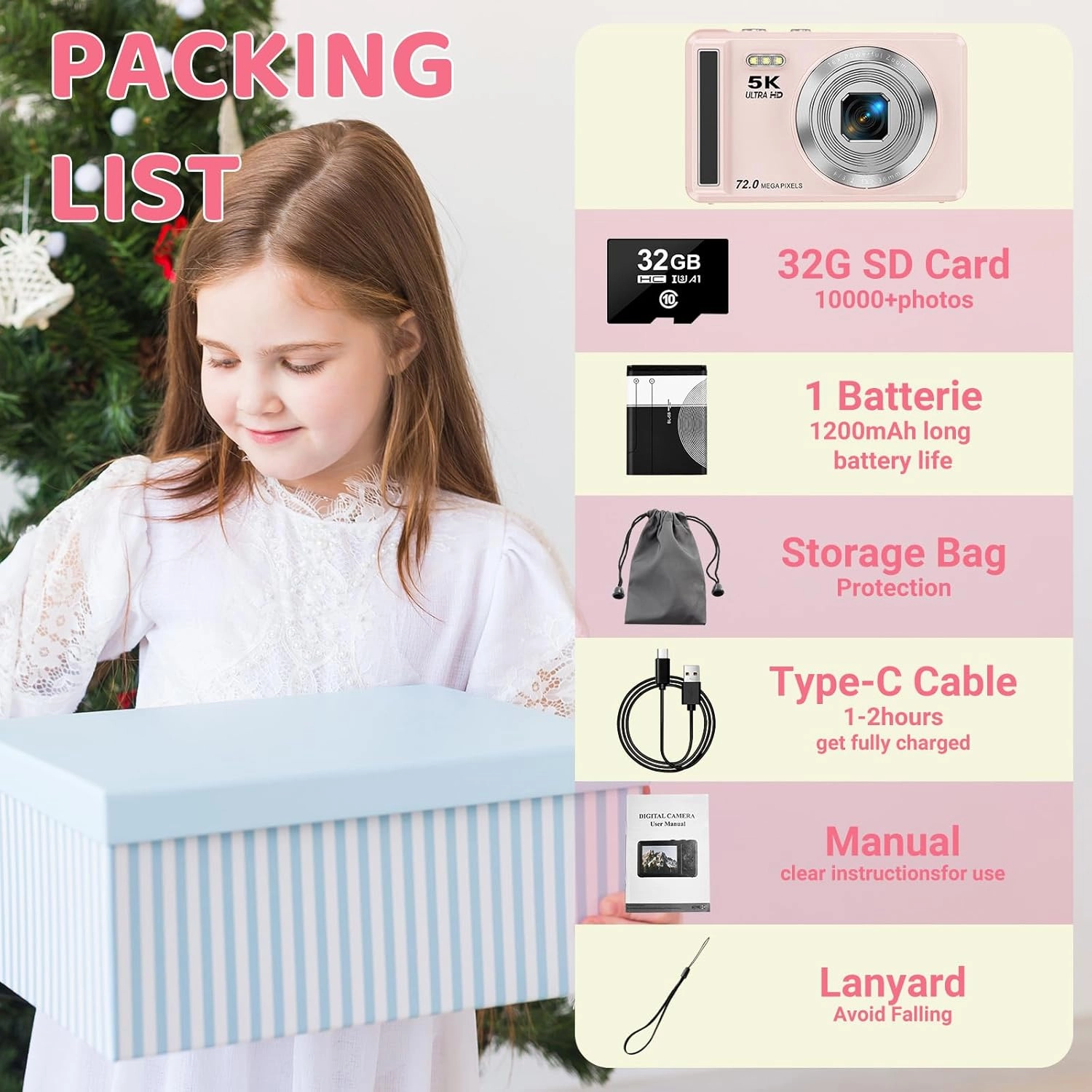 5K Digital Camera - 72MP Digital Cameras with 16X Zoom for Kids' Gifts - Autofocus Point and Shoot Digital Camera for Photography - UHD 2.8'' Screen Compact Portable Camera with 32GB SD Card(Pink)