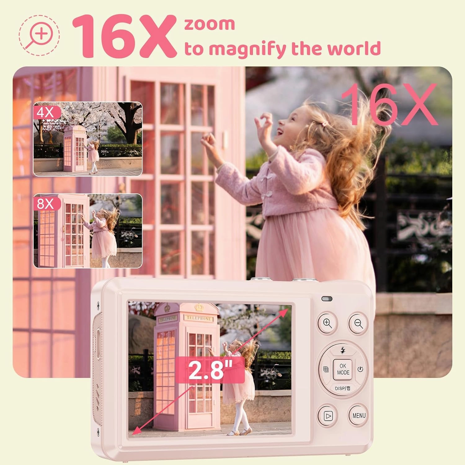 5K Digital Camera - 72MP Digital Cameras with 16X Zoom for Kids' Gifts - Autofocus Point and Shoot Digital Camera for Photography - UHD 2.8'' Screen Compact Portable Camera with 32GB SD Card(Pink)