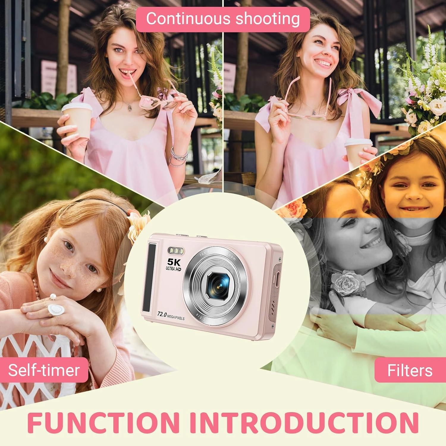 5K Digital Camera - 72MP Digital Cameras with 16X Zoom for Kids' Gifts - Autofocus Point and Shoot Digital Camera for Photography - UHD 2.8'' Screen Compact Portable Camera with 32GB SD Card(Pink)
