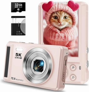 5K Digital Camera - 72MP Digital Cameras with 16X Zoom for Kids' Gifts - Autofocus Point and Shoot Digital Camera for Photography - UHD 2.8'' Screen Compact Portable Camera with 32GB SD Card(Pink)