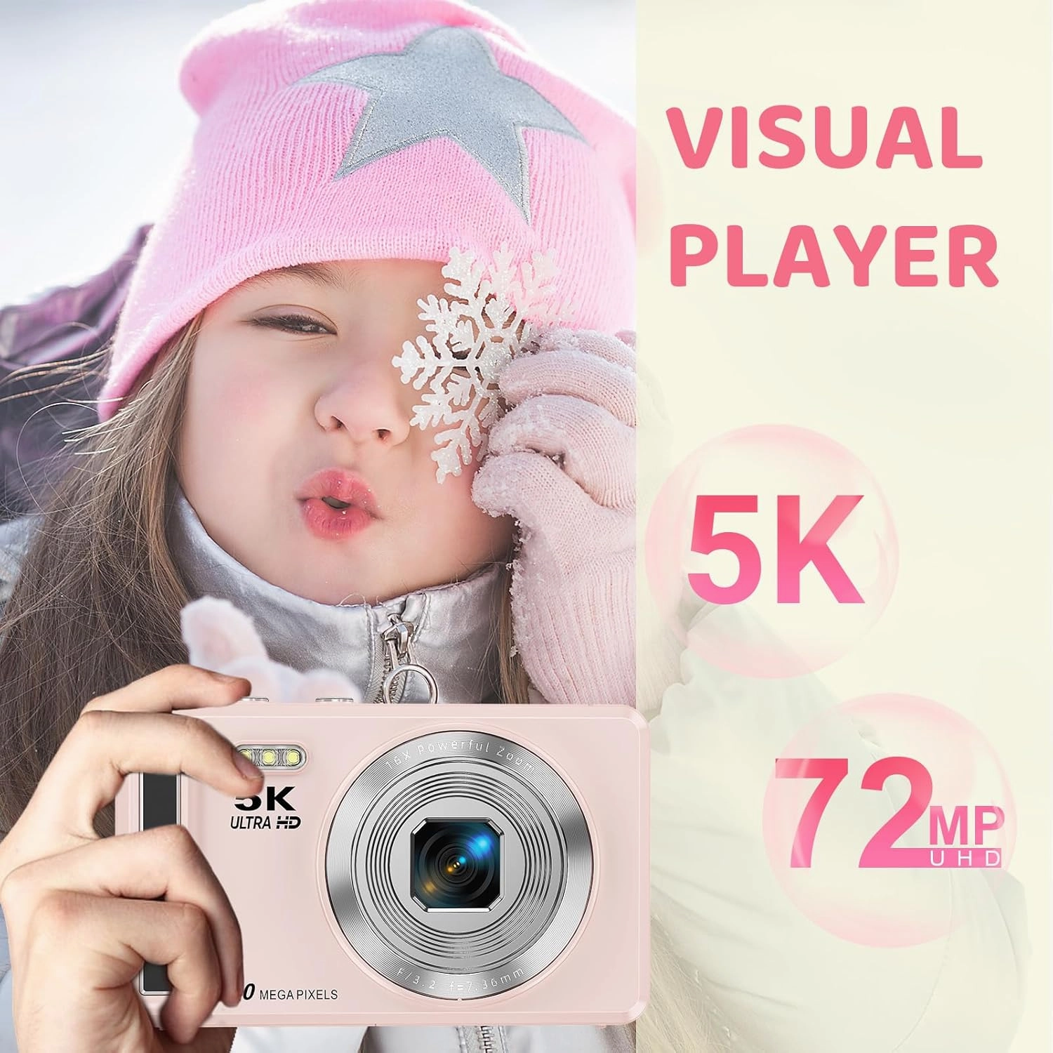 5K Digital Camera - 72MP Digital Cameras with 16X Zoom for Kids' Gifts - Autofocus Point and Shoot Digital Camera for Photography - UHD 2.8'' Screen Compact Portable Camera with 32GB SD Card(Pink)