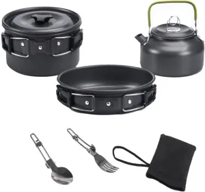 5PCs Camping Cookware Non-Stick Lightweight Portable Kettle Stainless Steel Forks Spoons Supplies for Outdoor Backpacking Picnic