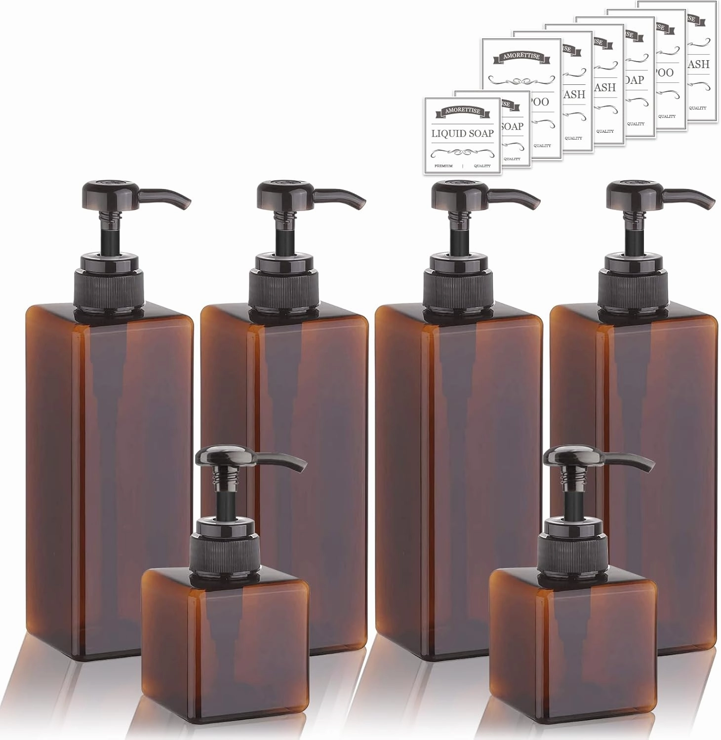 6 Pack Shampoo and Conditioner Dispenser Bottles - 4 Pack 22 Ounce and 2 Pack 8 Ounce Refillable Square Plastic Pump Bottles Shower Soap Dispenser for Shampoo Conditioner Body Wash (Amber)