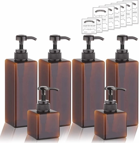 6 Pack Shampoo and Conditioner Dispenser Bottles - 4 Pack 22 Ounce and 2 Pack 8 Ounce Refillable Square Plastic Pump Bottles Shower Soap Dispenser for Shampoo Conditioner Body Wash (Amber)