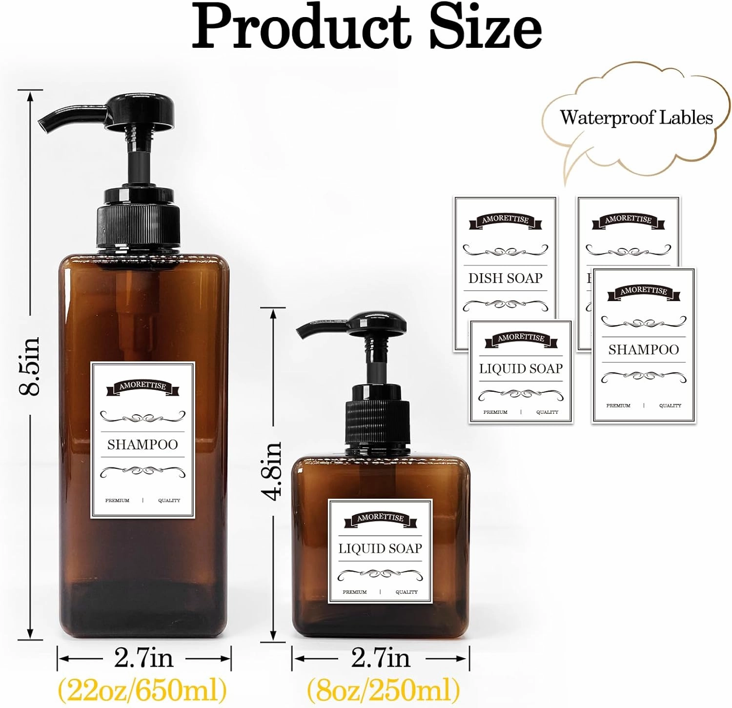 6 Pack Shampoo and Conditioner Dispenser Bottles - 4 Pack 22 Ounce and 2 Pack 8 Ounce Refillable Square Plastic Pump Bottles Shower Soap Dispenser for Shampoo Conditioner Body Wash (Amber)