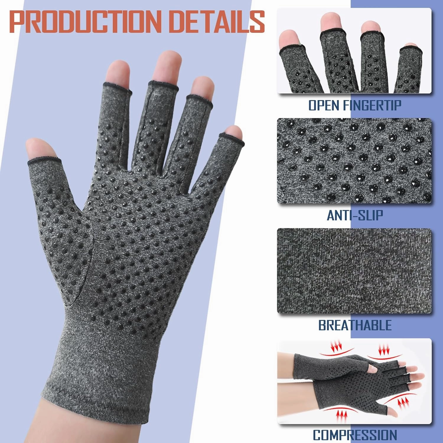6 Pairs Arthritis Compression Gloves for Women Men Fingerless Hand Compression Gloves for Typing, Driving and Work