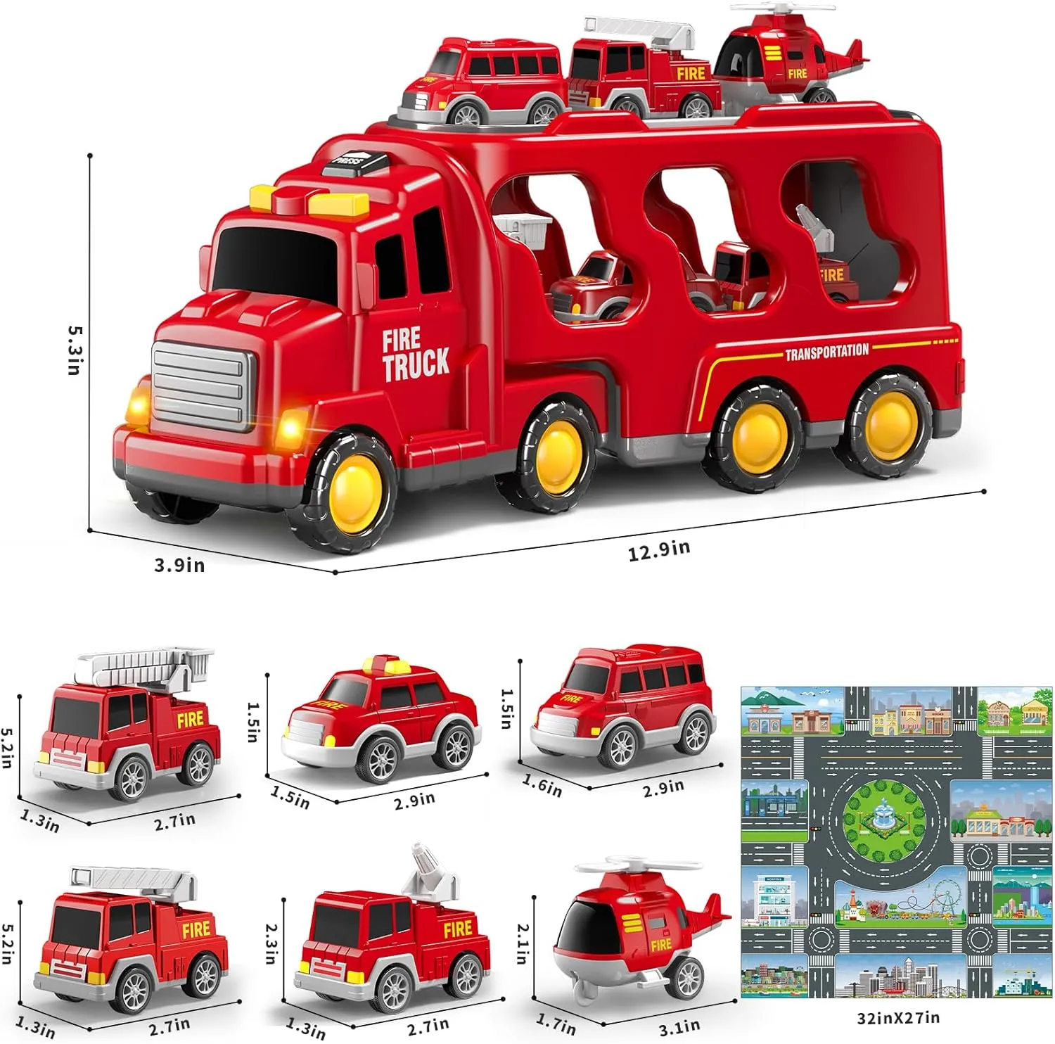 8 in 1 Fire Truck Cars for Toddlers 3-5, Boy Car Truck Toys with Playmat and Light Sound, Birthday Gifts for 3 4 5 6 Year Old Boy
