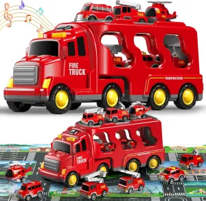 8 in 1 Fire Truck Cars for Toddlers 3-5, Boy Car Truck Toys with Playmat and Light Sound, Birthday Gifts for 3 4 5 6 Year Old Boy