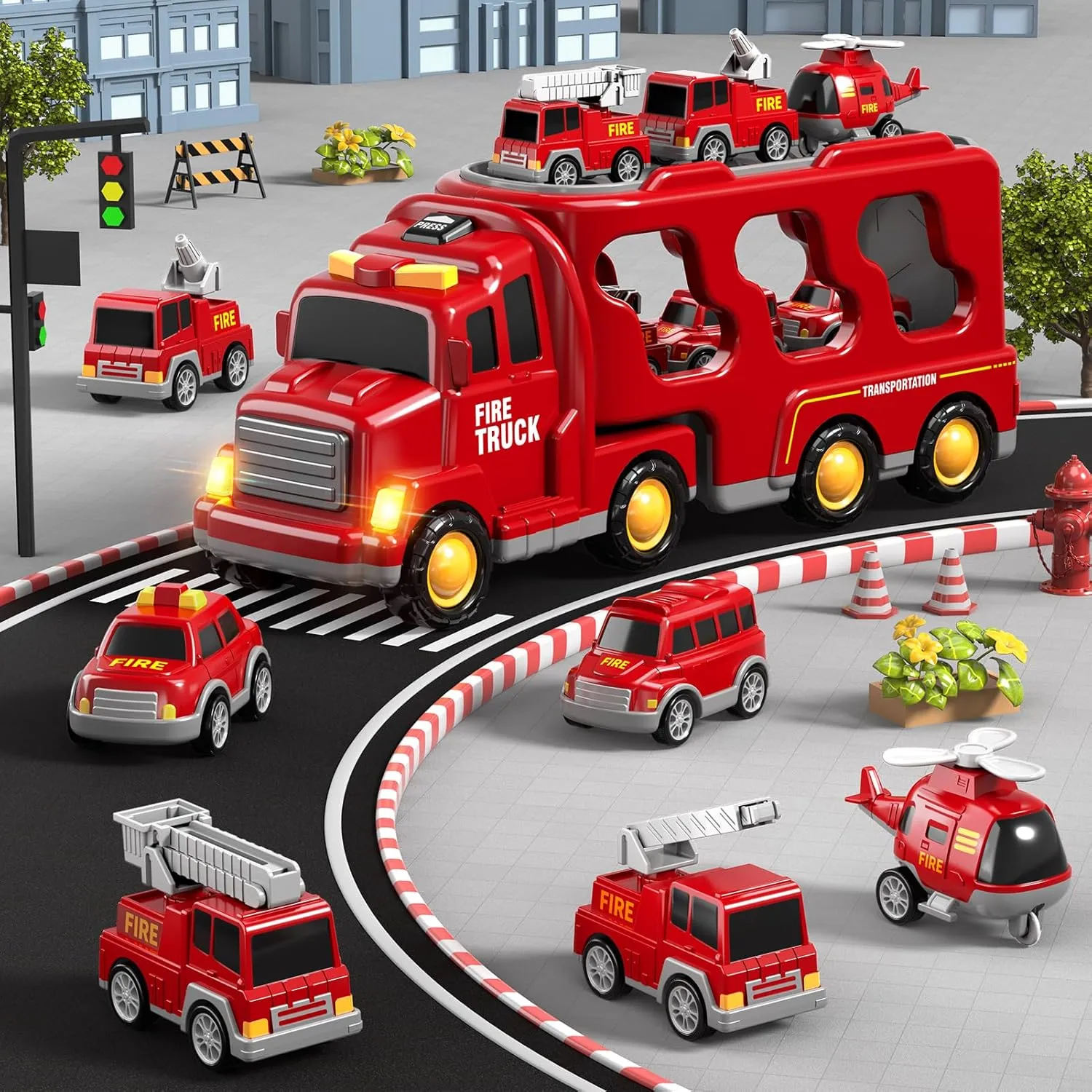 8 in 1 Fire Truck Cars for Toddlers 3-5, Boy Car Truck Toys with Playmat and Light Sound, Birthday Gifts for 3 4 5 6 Year Old Boy