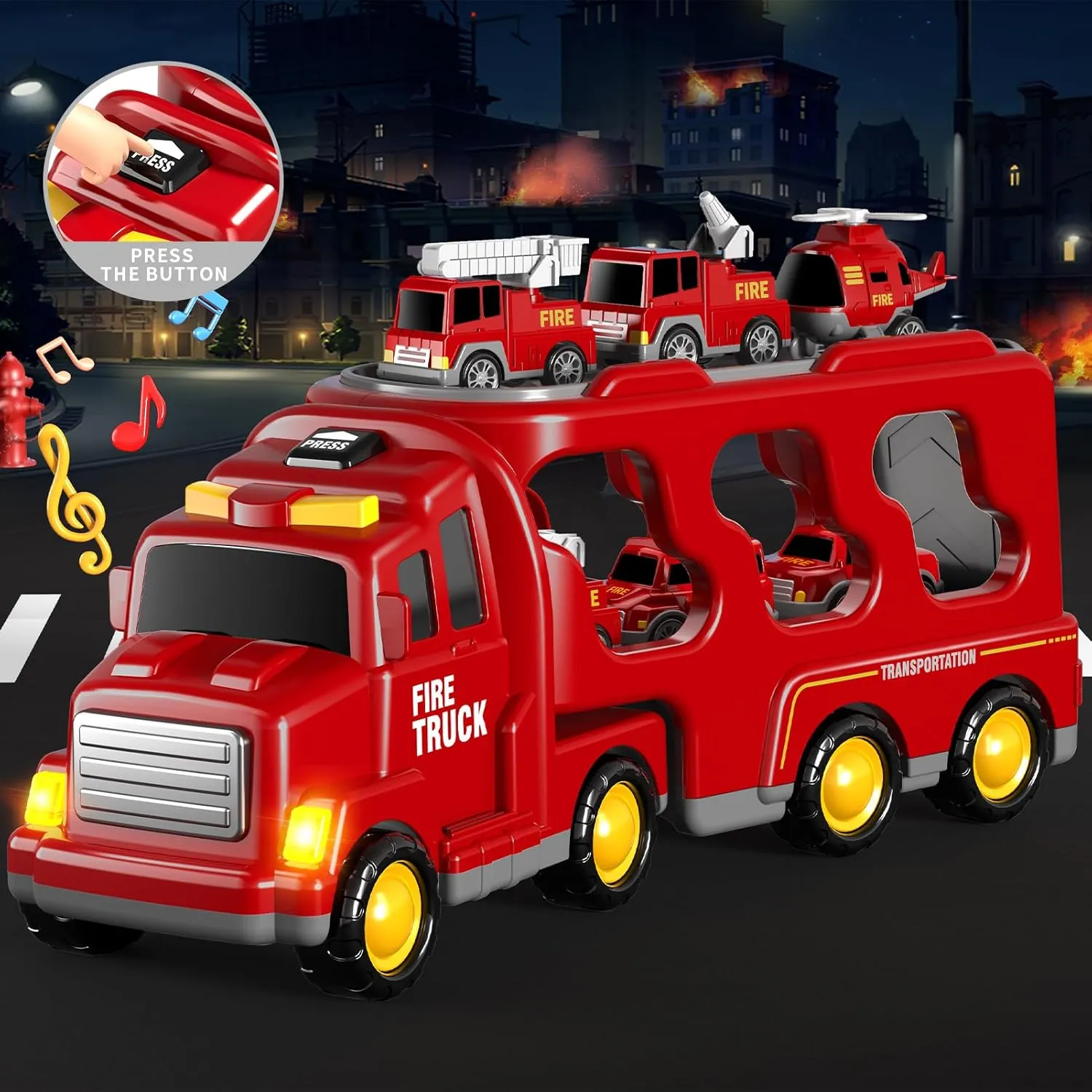 8 in 1 Fire Truck Cars for Toddlers 3-5, Boy Car Truck Toys with Playmat and Light Sound, Birthday Gifts for 3 4 5 6 Year Old Boy