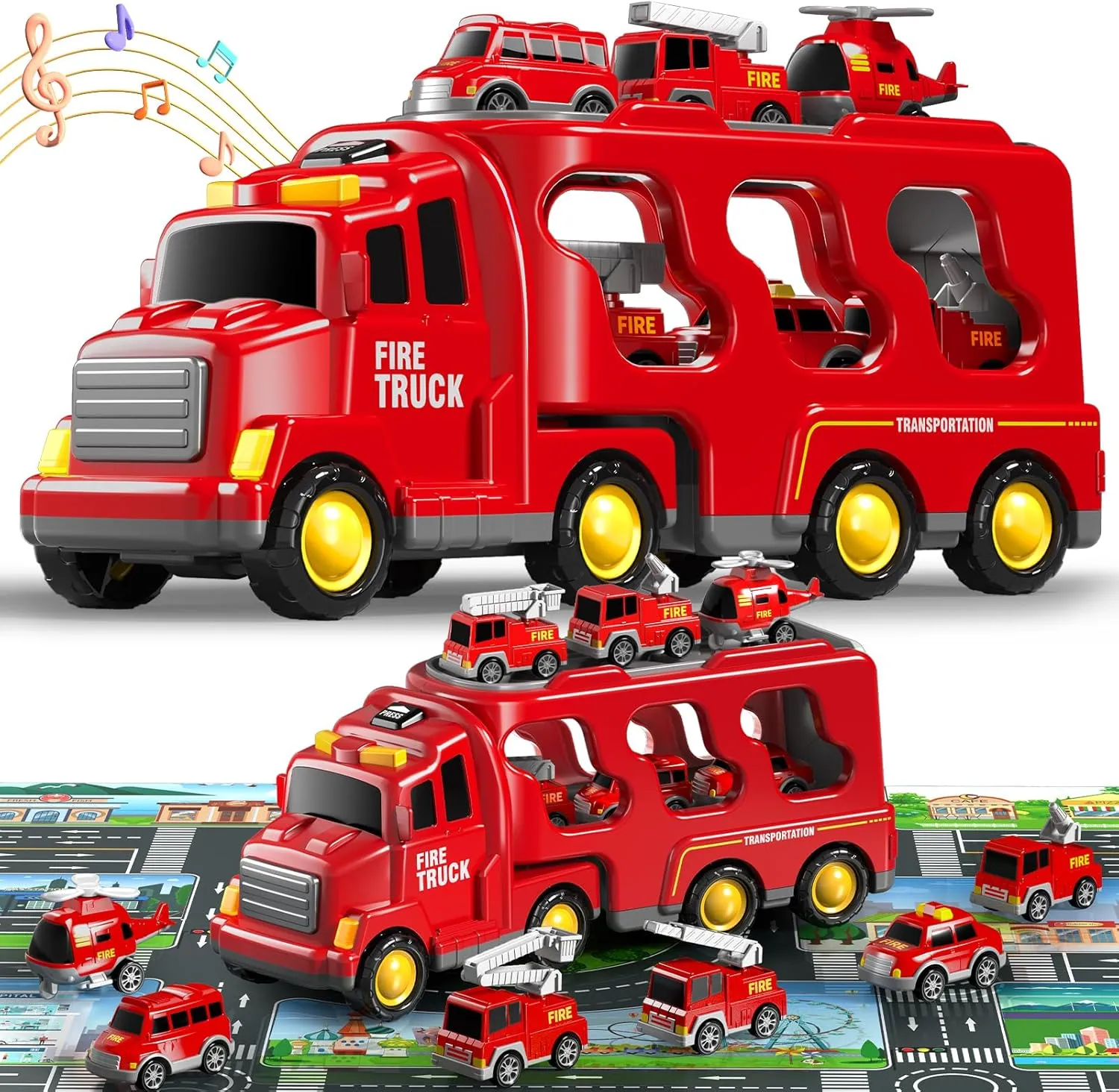 8 in 1 Fire Truck Cars for Toddlers 3-5, Boy Car Truck Toys with Playmat and Light Sound, Birthday Gifts for 3 4 5 6 Year Old Boy