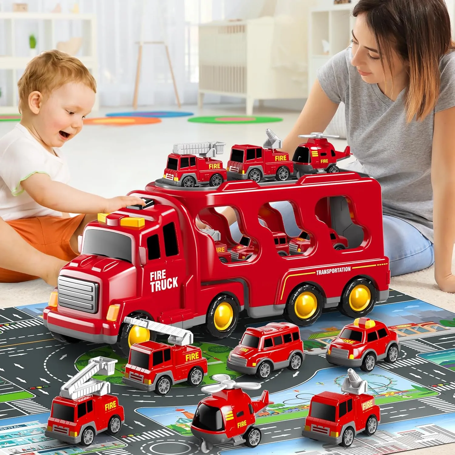 8 in 1 Fire Truck Cars for Toddlers 3-5, Boy Car Truck Toys with Playmat and Light Sound, Birthday Gifts for 3 4 5 6 Year Old Boy