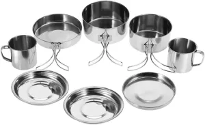 8 Piece Portable Stainless Steel Cookware Set for Outdoor Camping Picnics Pot Pan Plate Cup Included Lightweight Camping Kitchenware