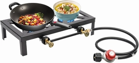 8000W Portable Double Burner Camping Stove - Outdoor Propane Cooker with 3.9-Inch Adjustable 0-10 PSI Regulator Hose and Independent Control Knobs for BBQ and Camping (Black)