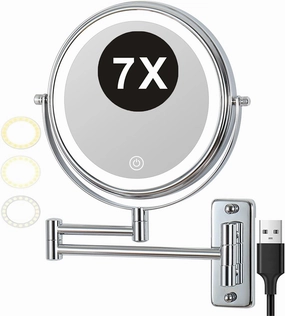 8 Inch 3 Color Touch Dimmable Wall Mounted LED Makeup Mirror, Double Side Rotation Lighted Cosmetic Mirror, Magnification HD Shaving Mirror, Adjustable Vanity Mirror for Hotel,Silver,7X (Silver 7X)