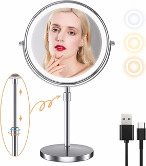 8 Inch Makeup Vanity Mirror with Lights, Rechargeable Double Sided 1X 10X Magnifying Mirror, Lighted Makeup Mirror with 3 Color Lighting, Height Brightness Adjustable, Touch Sensor Dimming (Silver)