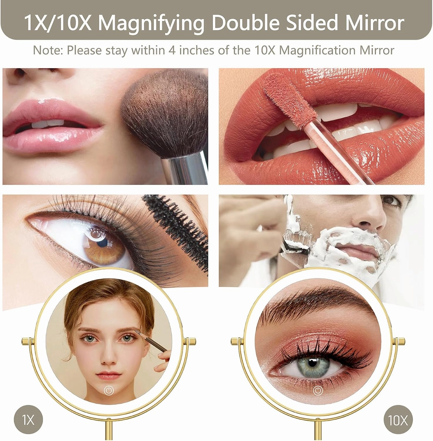 8" Lighted Makeup Mirror, 1X/10X Magnification Mirror with Lights, Double Sided Dimmable Mirror, Rechargeable & Brightness & Height Adjustable, Cordless Vanity Mirror(Gold)