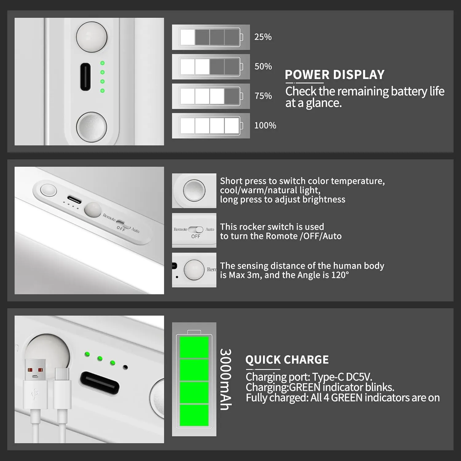 90 LED Under Cabinet Lighting Wireless with Remote and Motion Sensor Indoor,3000 mAh Rechargeable Closet Lights with 3 CCT and Dimmable,Under Counter Light for Kitchen,Stairways(1 Pack,18inch)