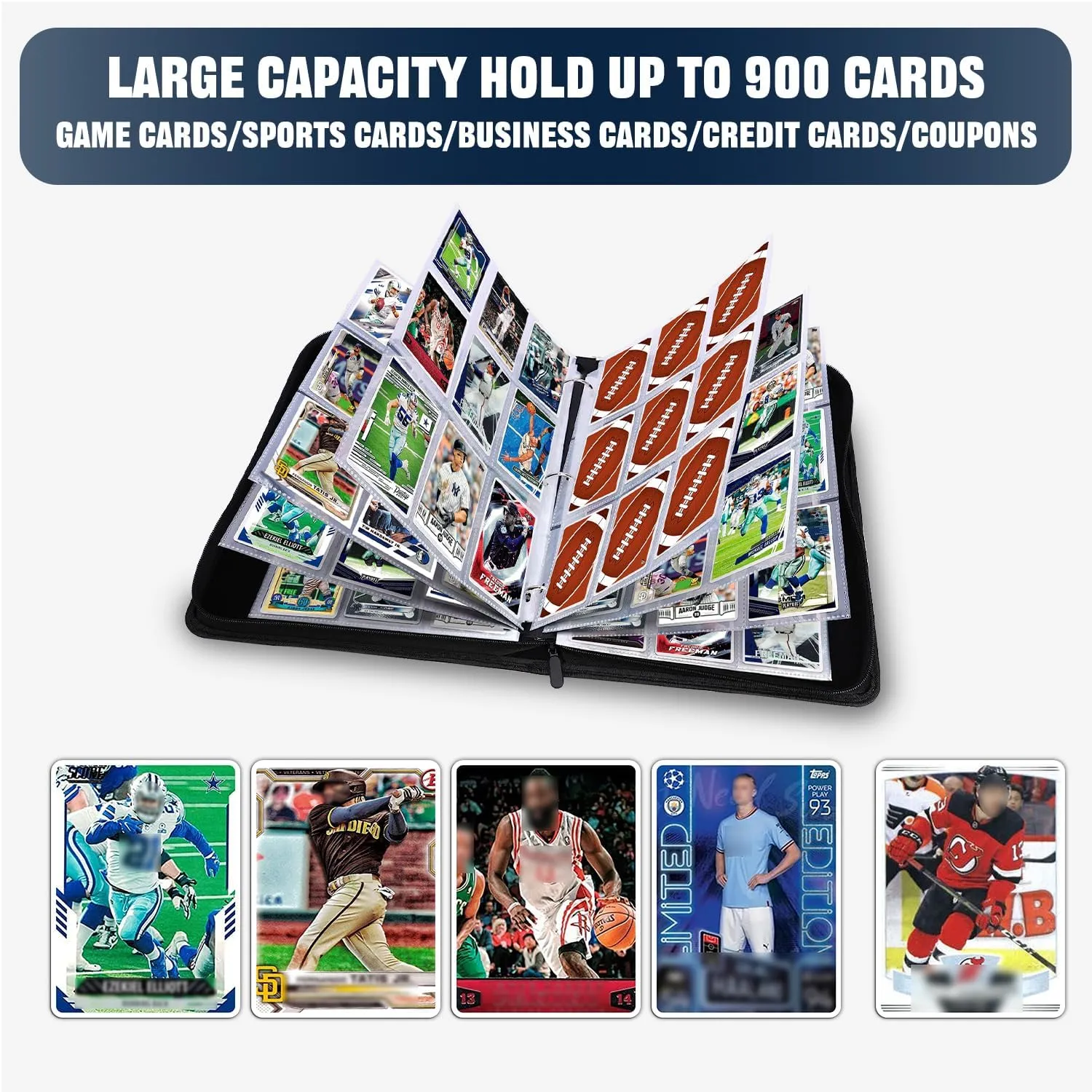 900 Pockets Football Card Binder, Trading Card Holder with Sleeves Card Collectors Album, Fit for Football Cards Baseball Cards Basketball Soccer Hockey Sport Trading Cards MTG and Other TCG