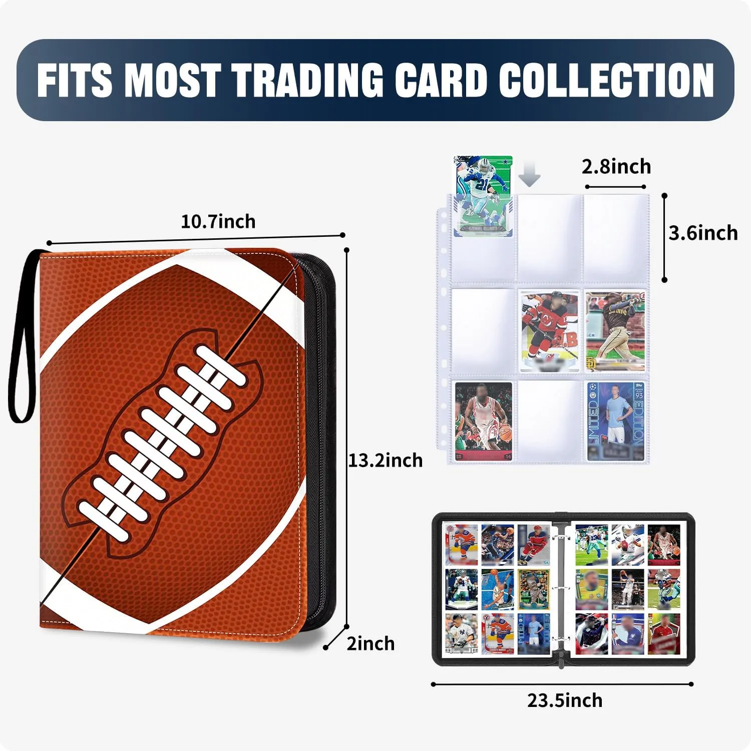 900 Pockets Football Card Binder, Trading Card Holder with Sleeves Card Collectors Album, Fit for Football Cards Baseball Cards Basketball Soccer Hockey Sport Trading Cards MTG and Other TCG