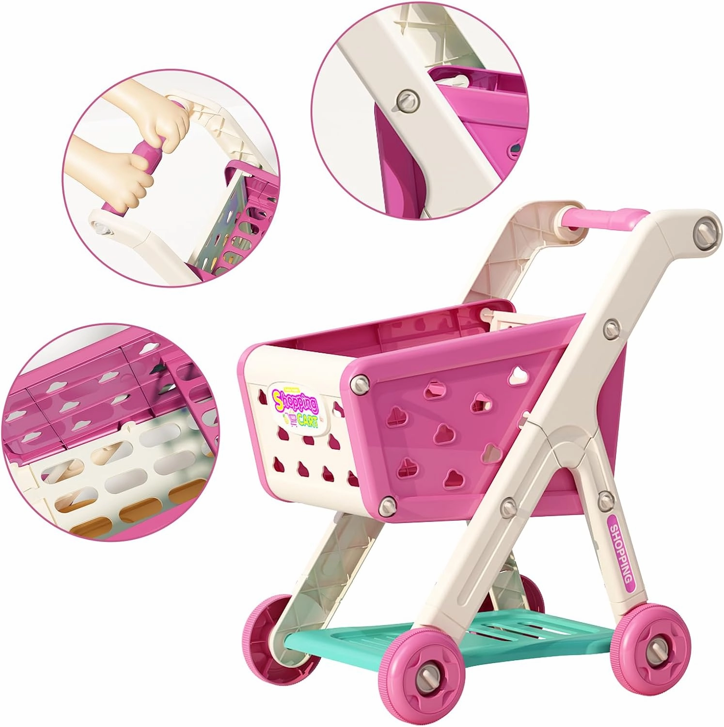 98pcs Kids Shopping Cart Trolley Play Set with Pretend Food and Accessories,Perfect for Ages 3  Pretend Play and Role-Playing Games (Pink)