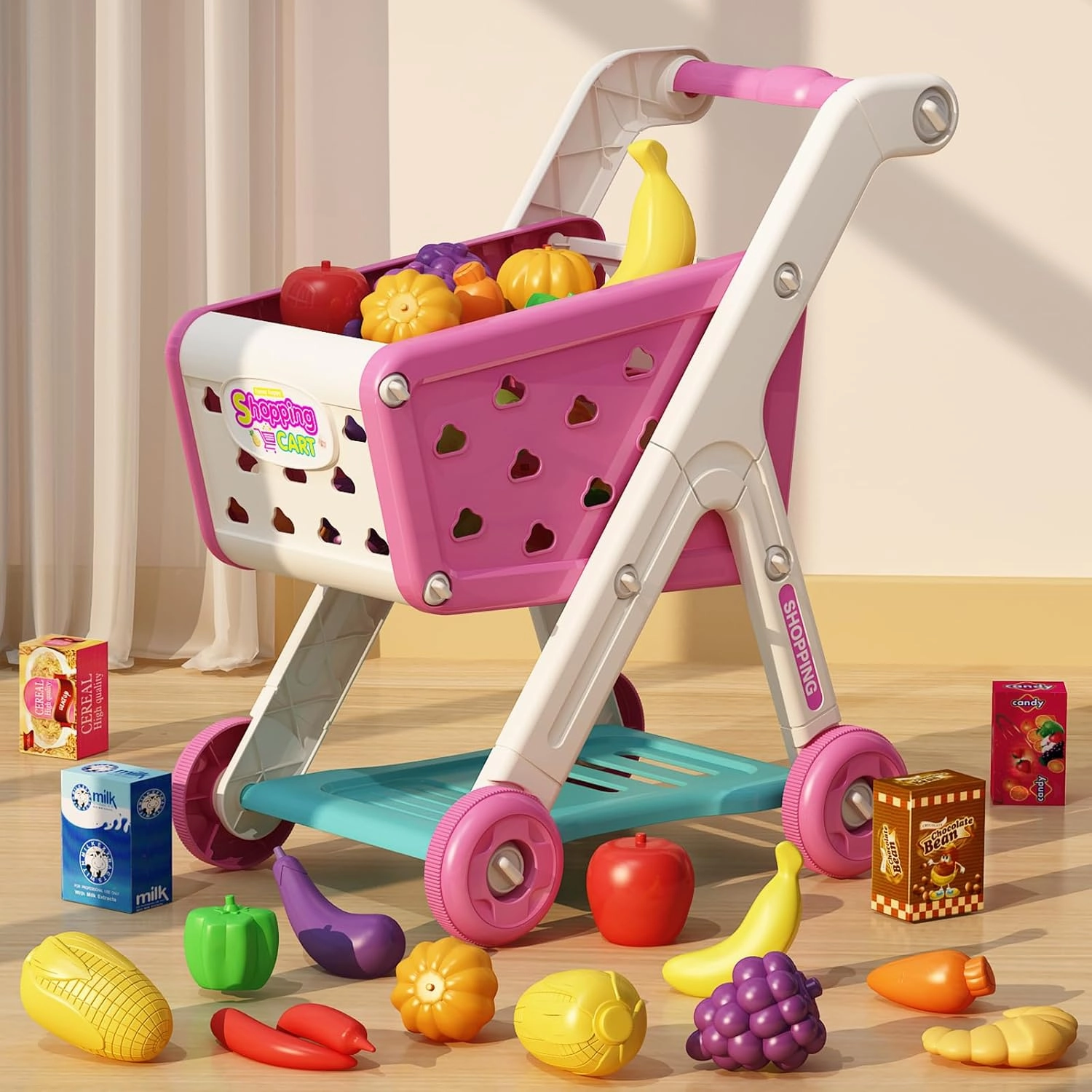98pcs Kids Shopping Cart Trolley Play Set with Pretend Food and Accessories,Perfect for Ages 3  Pretend Play and Role-Playing Games (Pink)