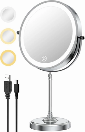 9" Lighted Makeup Mirror with Lights and Magnification 1X/10X Double Sided, 5000mAh Rechargeable Vanity Mirror with 3 Dimmable Color Light, Chrome