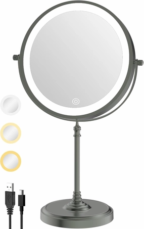 9" Lighted Makeup Mirror with Lights and Magnification 1X/10X Double Sided, 5000mAh Rechargeable Vanity Mirror with 3 Dimmable Color Light, Gunmetal Gray