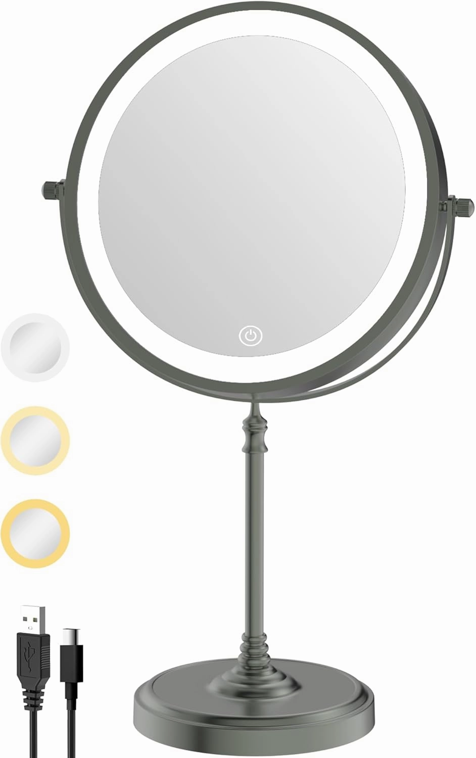 9" Lighted Makeup Mirror with Lights and Magnification 1X/10X Double Sided, 5000mAh Rechargeable Vanity Mirror with 3 Dimmable Color Light, Gunmetal Gray