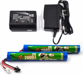 (2-Pack) 7.4V 2000mAh Li-ion Battery Replacement with 2S Balance Charger for Splatter Ball Gel Bead Blaster SRB1200, SRB400, SRB400-SUB Airsoft Toy Gun