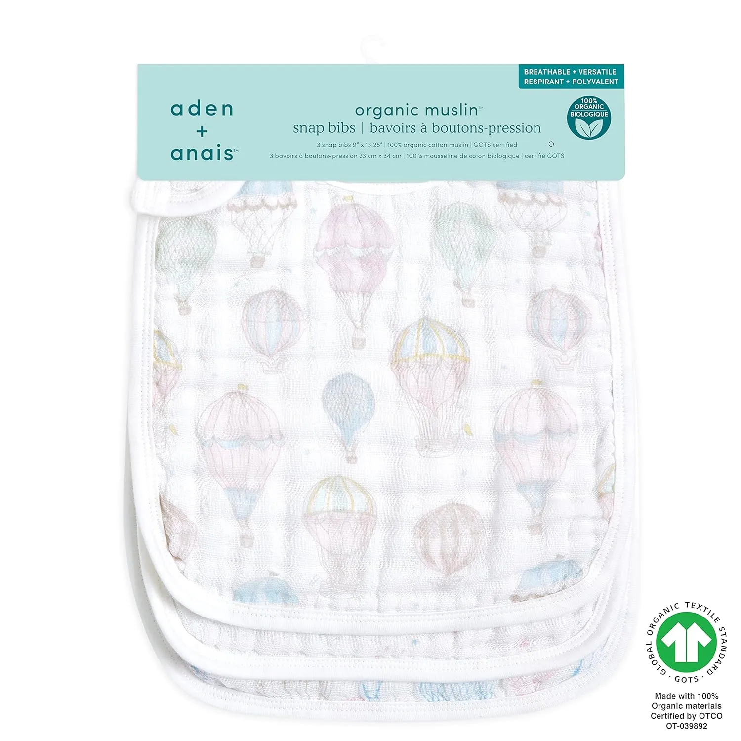 aden   anais 100% Cotton Muslin Snap Bib – Super Absorbent, Soft 3-Layer Baby Bib for Boys & Girls with Adjustable Snap-Closure for Teething, Eating, Drooling, 3-Pack, Above the Clouds