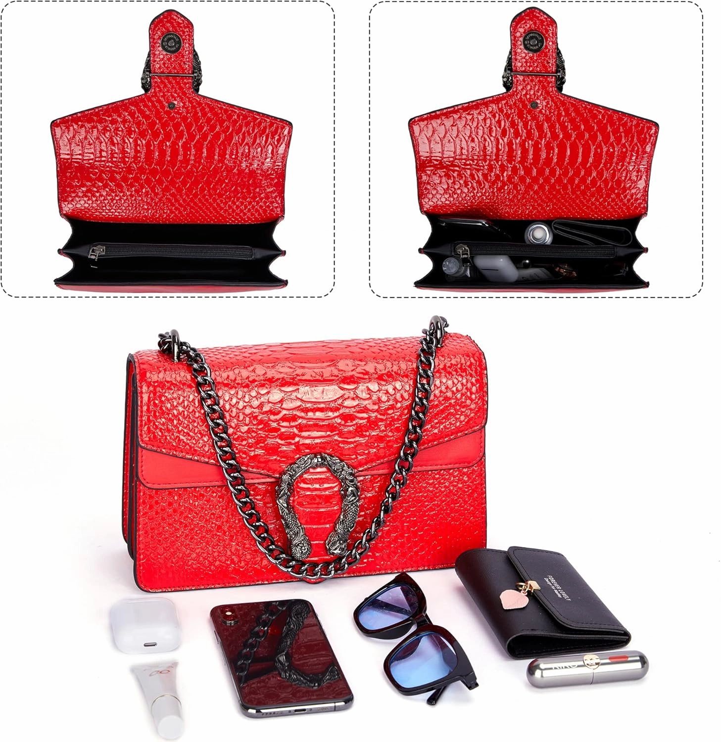 Aiqudou Crossbody Bag and Satchel Purse for Women - Fashion Snake Print Chain Purse Luxury PU Leather HandBag