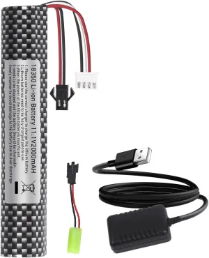 Airsoft Lipo Battery 11.1V - 2000mAh Rechargeable Batteries USB Charger with Charging Cable, Replacement Battery for Airsoft Gel Ball Blaster