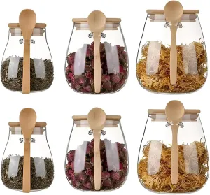 Airtight glass jar storage container with bamboo lid Set of 6, wide mouth, leak-proof, With a spoon, can be used for coffee beans, tea leaves, grains, dried fruits, etc (16oz*2 28oz*2 38oz*2)