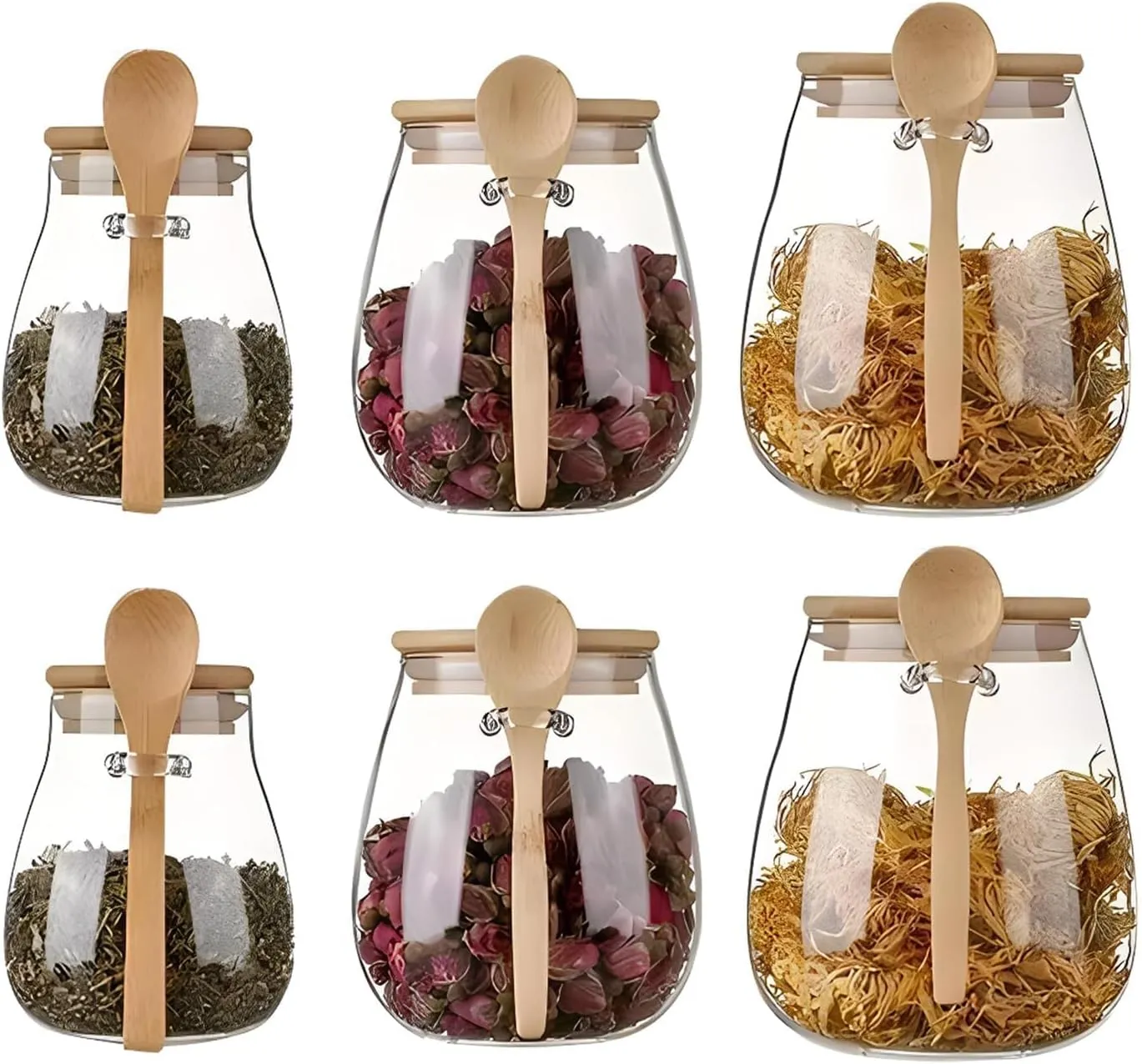 Airtight glass jar storage container with bamboo lid Set of 6, wide mouth, leak-proof, With a spoon, can be used for coffee beans, tea leaves, grains, dried fruits, etc (16oz*2 28oz*2 38oz*2)