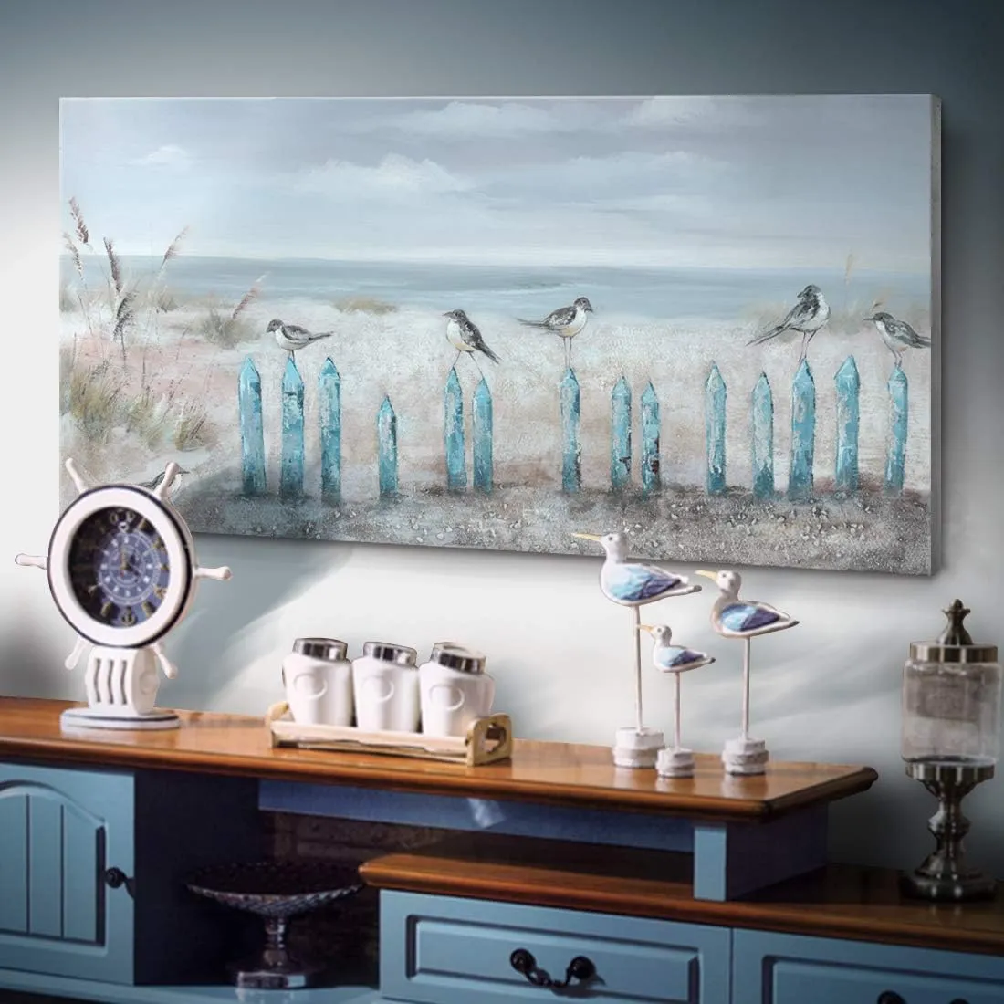 amatop Large Living Room Wall Art Hand-Painted 3D Seascape Canvas Oil Painting Ocean Beach Coastal Picture Artwork for Home Decorations Bedroom Office Décor 48x24inch