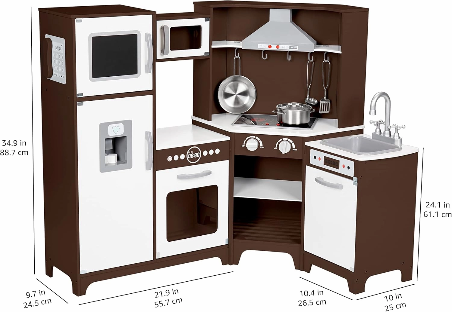 Amazon Basics Kids Corner Wooden Kitchen Toy Playset with Stove, Oven, Sink, Fridge and Accessories, for Toddlers, Preschoolers, Children Age 3  Years, Espresso/Gray, 39.37"L x 28.35"W x 35.04"H