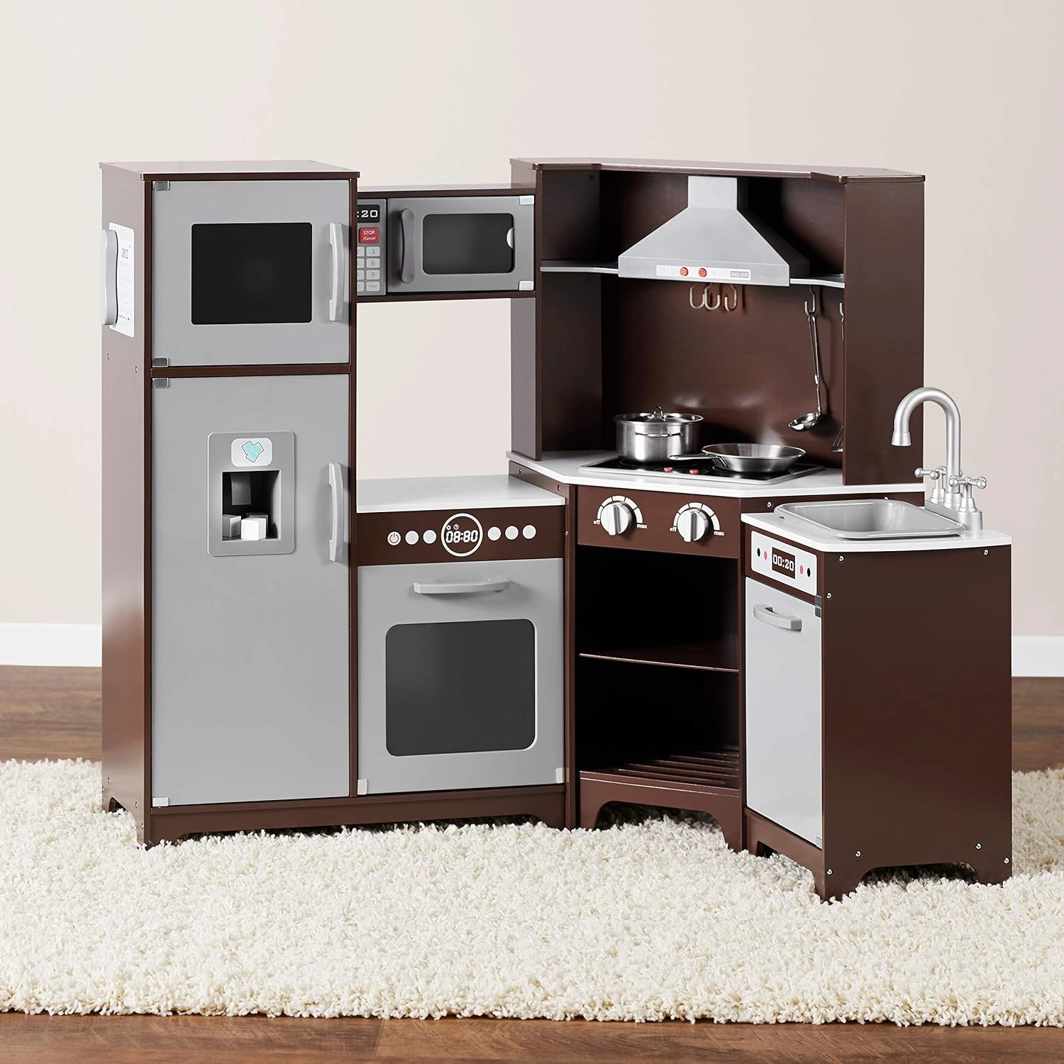 Amazon Basics Kids Corner Wooden Kitchen Toy Playset with Stove, Oven, Sink, Fridge and Accessories, for Toddlers, Preschoolers, Children Age 3  Years, Espresso/Gray, 39.37"L x 28.35"W x 35.04"H