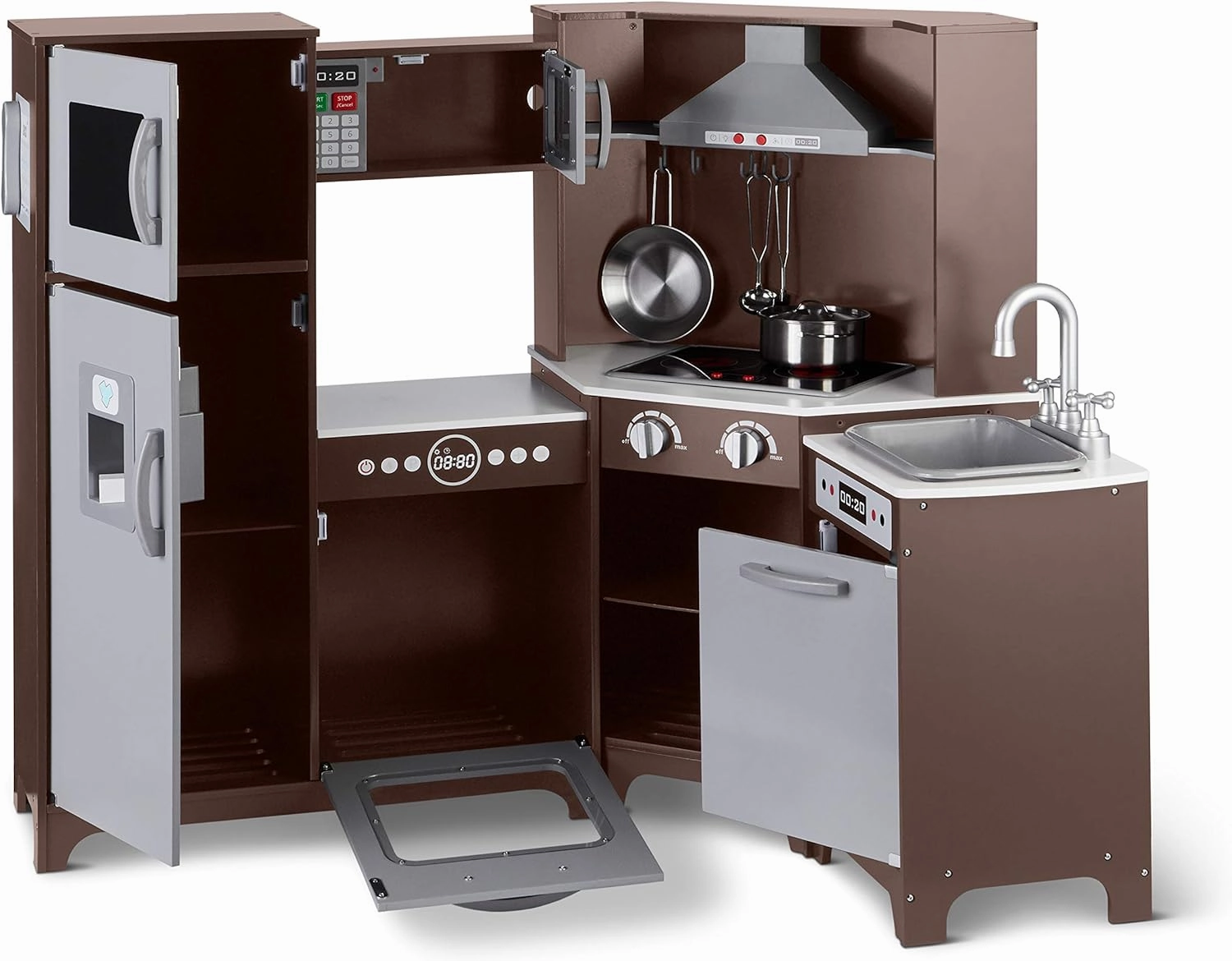 Amazon Basics Kids Corner Wooden Kitchen Toy Playset with Stove, Oven, Sink, Fridge and Accessories, for Toddlers, Preschoolers, Children Age 3  Years, Espresso/Gray, 39.37"L x 28.35"W x 35.04"H