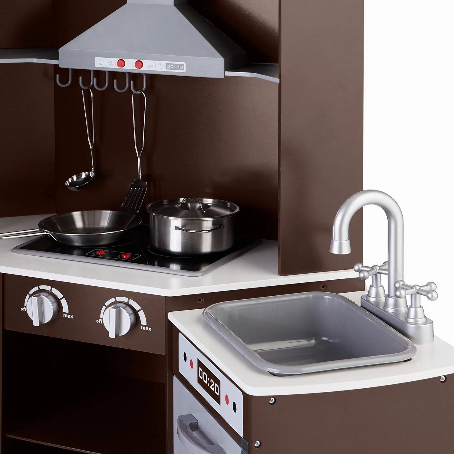 Amazon Basics Kids Corner Wooden Kitchen Toy Playset with Stove, Oven, Sink, Fridge and Accessories, for Toddlers, Preschoolers, Children Age 3  Years, Espresso/Gray, 39.37"L x 28.35"W x 35.04"H