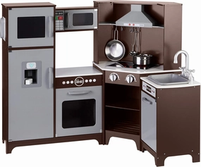 Amazon Basics Kids Corner Wooden Kitchen Toy Playset with Stove, Oven, Sink, Fridge and Accessories, for Toddlers, Preschoolers, Children Age 3  Years, Espresso/Gray, 39.37"L x 28.35"W x 35.04"H