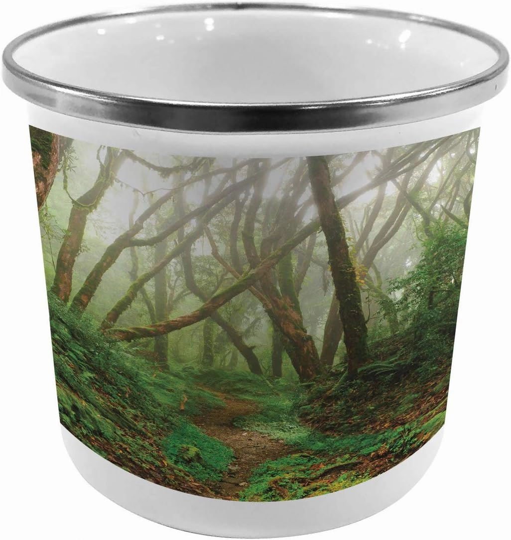 Ambesonne Forest Steel Camping Mug, Spooky Tropical Exotic Fog Jungle in Rainforest Nepal Climate Picture Print, Printed Thermal Cup for Camping and Outdoor Activities, Green Brown