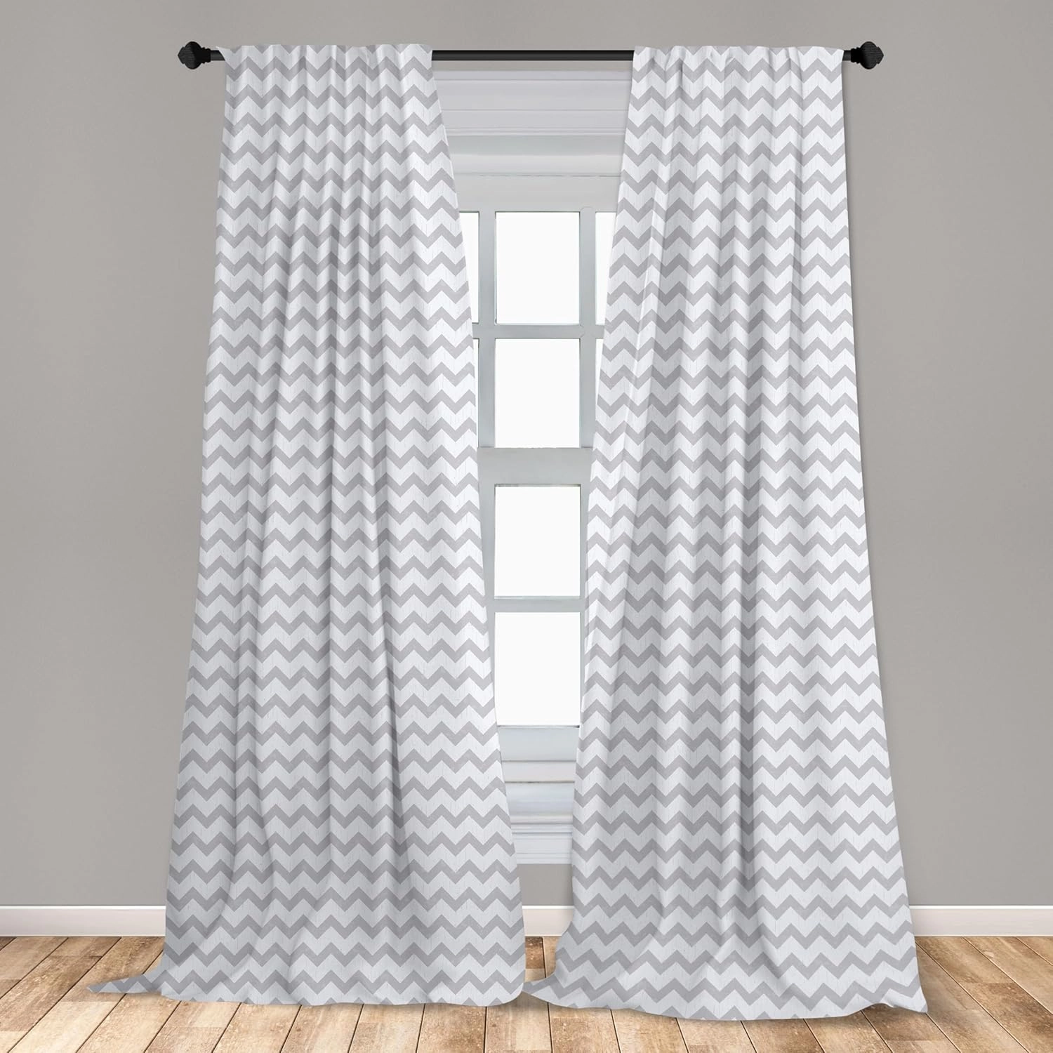 Ambesonne Grey and White Curtains, Chevron Pattern Zigzag Geometrical Arrow Lines Stripes Abstract Print, Window Treatments 2 Panel Set for Living Room Bedroom, Pair of - 28" x 63", Grey White