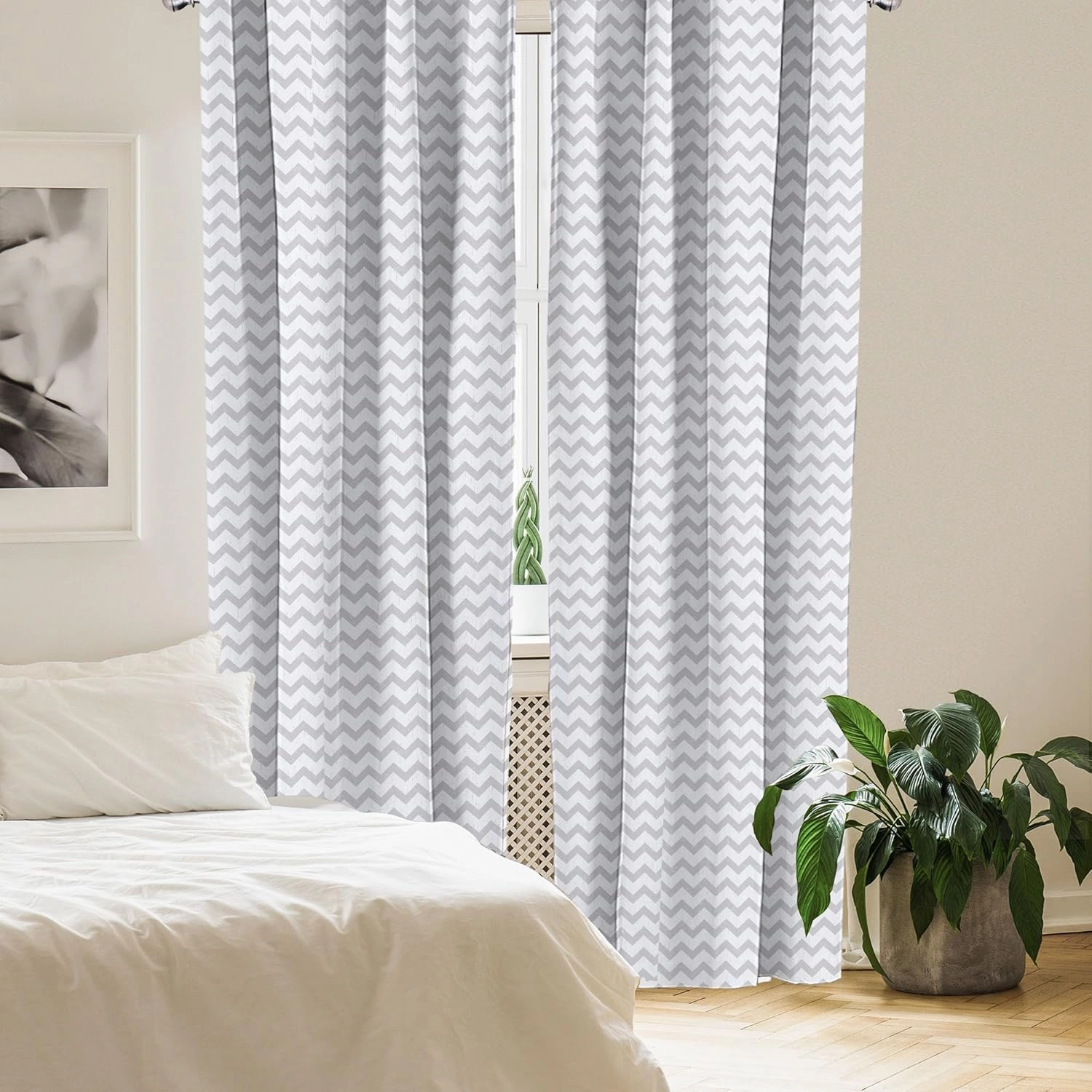 Ambesonne Grey and White Curtains, Chevron Pattern Zigzag Geometrical Arrow Lines Stripes Abstract Print, Window Treatments 2 Panel Set for Living Room Bedroom, Pair of - 28" x 63", Grey White