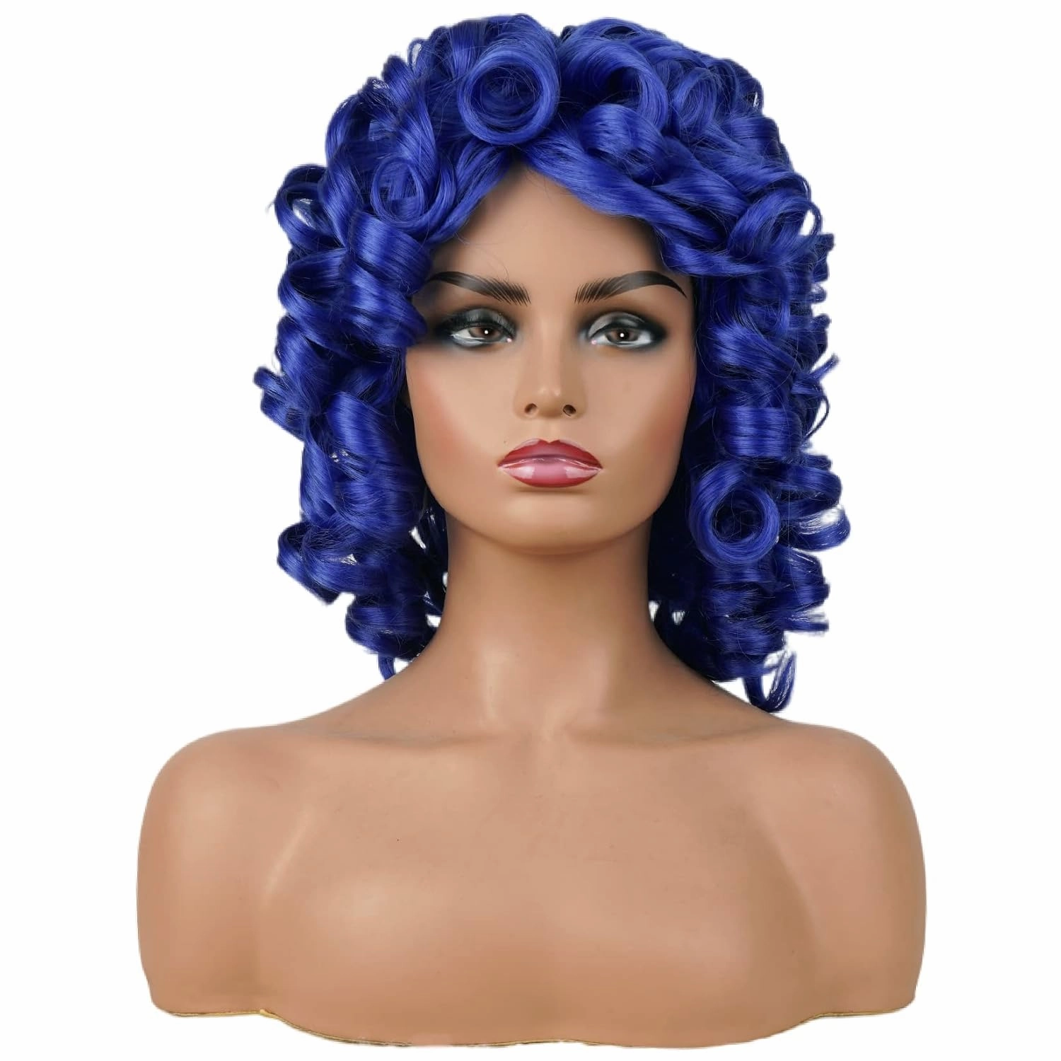 andromeda Blue Curly Wigs for Black Women Soft Short Big Curly Wig with Bangs Afro Kinky Curls Heat Resistant Synthetic Wigs for African American Women (Blue)