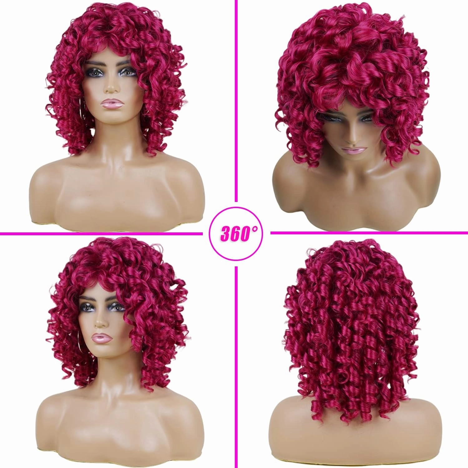 andromeda Hot Pink Wigs for Black Women Soft Short Curly Wig with Bangs Heat Resistant Synthetic Fiber Hair Wigs for African American Black Women（Hot Pink）