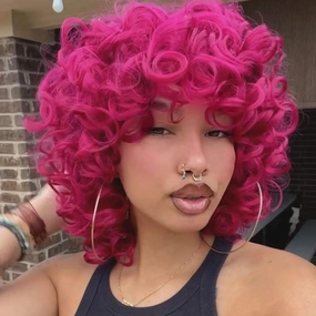 andromeda Hot Pink Wigs for Black Women Soft Short Curly Wig with Bangs Heat Resistant Synthetic Fiber Hair Wigs for African American Black Women（Hot Pink）