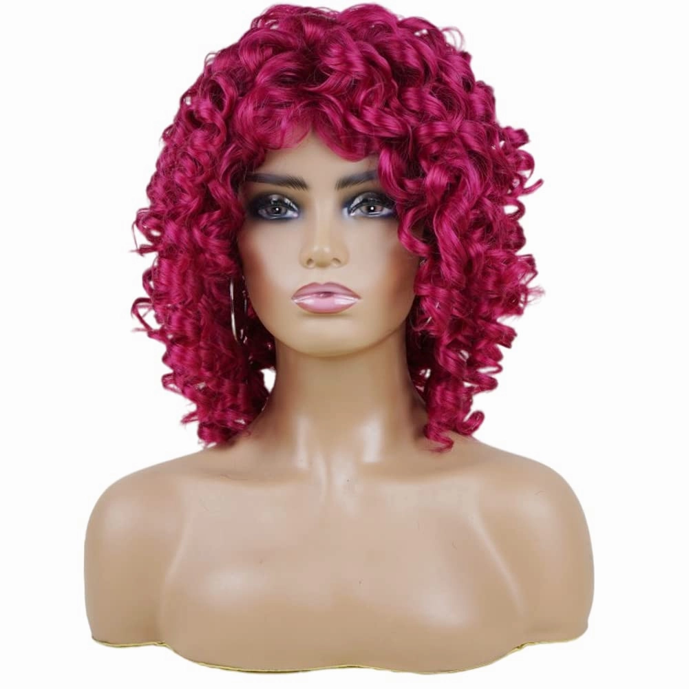 andromeda Hot Pink Wigs for Black Women Soft Short Curly Wig with Bangs Heat Resistant Synthetic Fiber Hair Wigs for African American Black Women（Hot Pink）